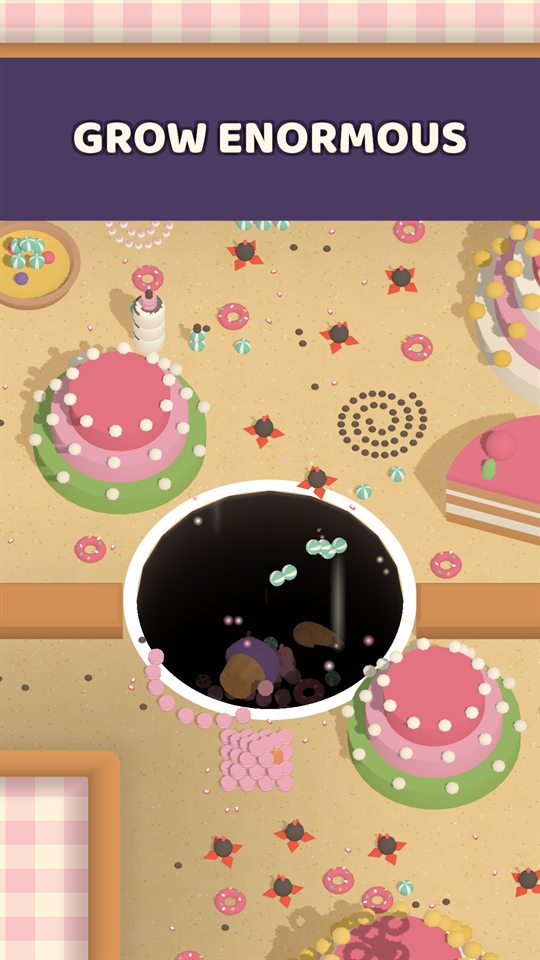 A bigger hole swallowing treats beside a layered cake